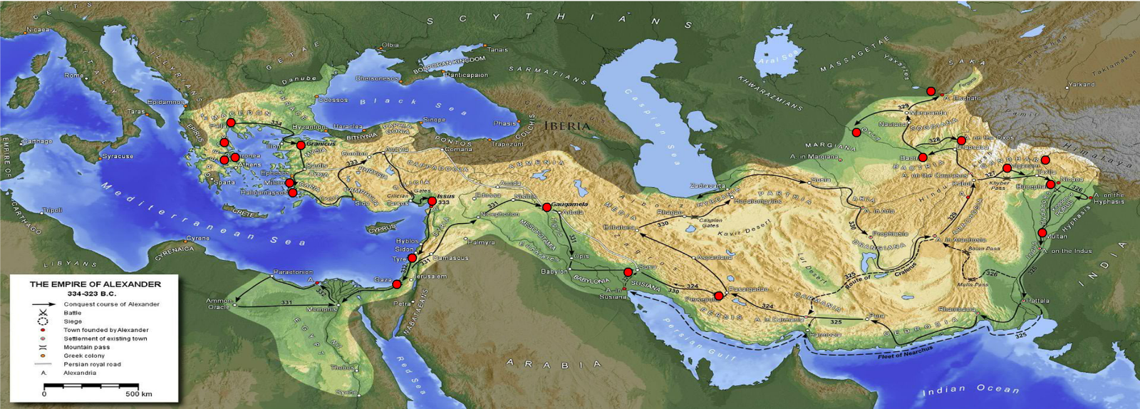 Map: The Empire of Alexander, 334-323 B.C.